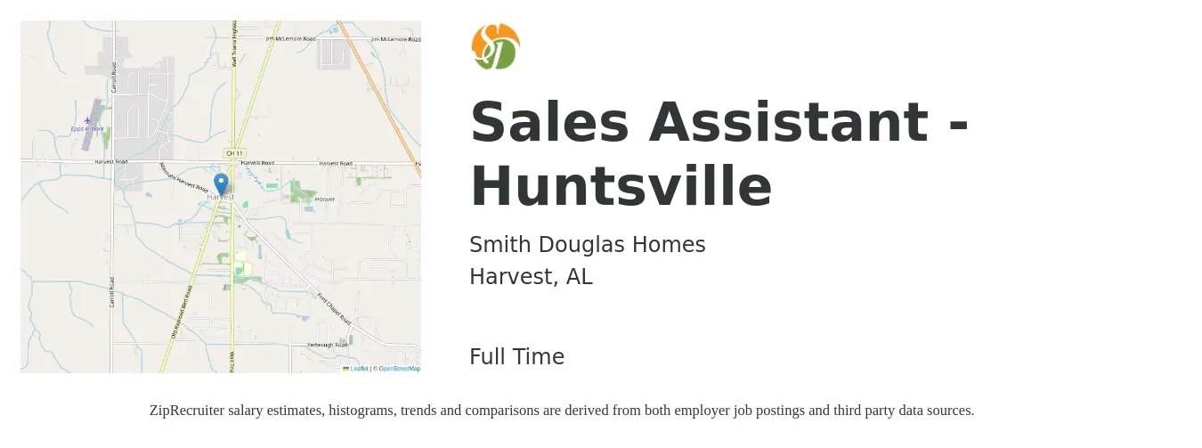 Smith Douglas Homes job posting for a Sales Assistant - Huntsville in Harvest, AL with a salary of $17 to $22 Hourly with a map of Harvest location.