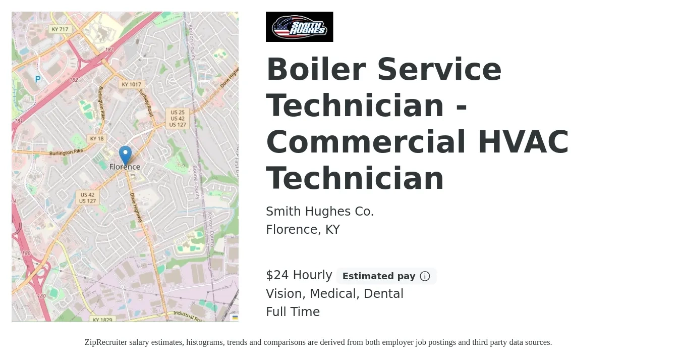 Smith Hughes Co. job posting for a Boiler Service Technician - Commercial HVAC Technician in Florence, KY with a salary of $25 Hourly and benefits including dental, life_insurance, medical, retirement, and vision with a map of Florence location.