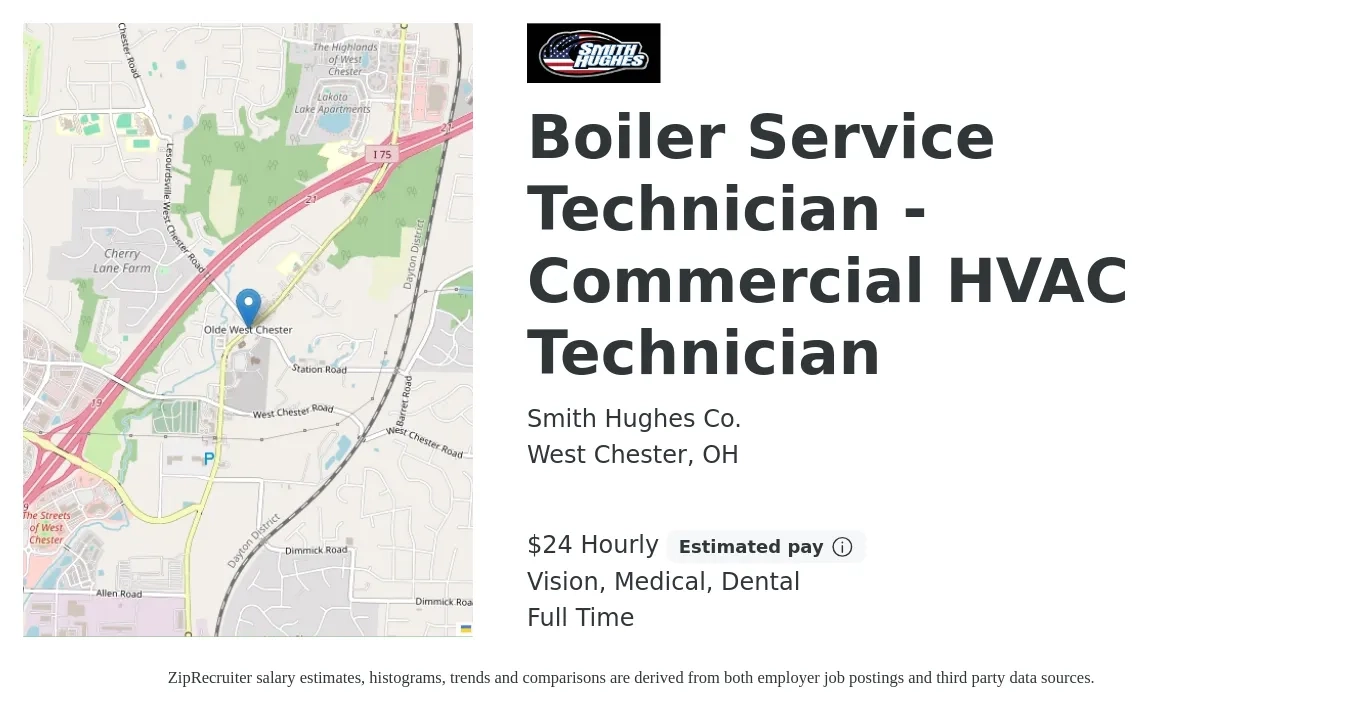 Smith Hughes Co. job posting for a Boiler Service Technician - Commercial HVAC Technician in West Chester, OH with a salary of $25 Hourly and benefits including life_insurance, medical, retirement, vision, and dental with a map of West Chester location.