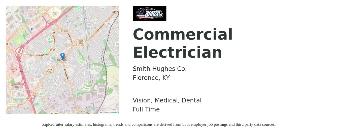 Smith Hughes Co. job posting for a Commercial Electrician in Florence, KY with a salary of $24 to $29 Hourly and benefits including retirement, vision, dental, life_insurance, and medical with a map of Florence location.