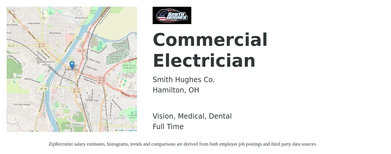 Smith Hughes Co. job posting for a Commercial Electrician in Hamilton, OH with a salary of $22 to $27 Hourly and benefits including dental, life_insurance, medical, retirement, and vision with a map of Hamilton location.