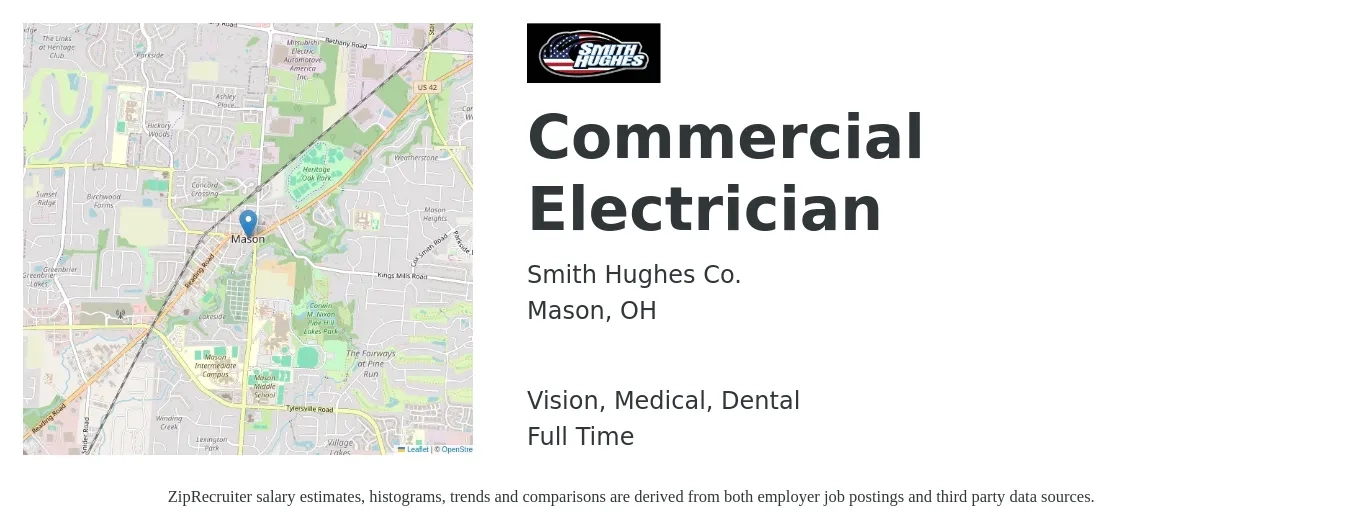 Smith Hughes Co. job posting for a Commercial Electrician in Mason, OH with a salary of $23 to $27 Hourly and benefits including vision, dental, life_insurance, medical, and retirement with a map of Mason location.