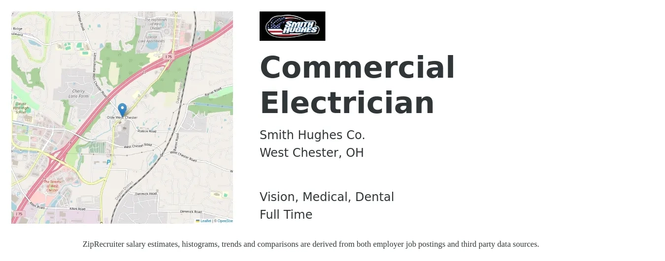 Smith Hughes Co. job posting for a Commercial Electrician in West Chester, OH with a salary of $23 to $27 Hourly and benefits including dental, life_insurance, medical, retirement, and vision with a map of West Chester location.