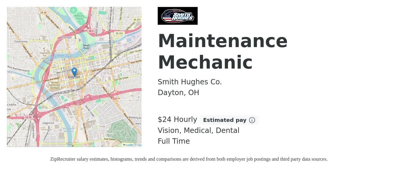 Smith Hughes Co. job posting for a Maintenance Mechanic in Dayton, OH with a salary of $25 Hourly and benefits including dental, life_insurance, medical, retirement, and vision with a map of Dayton location.
