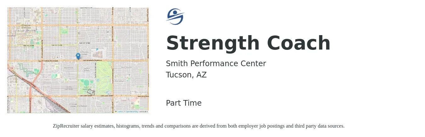 Smith Performance Center job posting for a Strength Coach in Tucson, AZ with a salary of $18 Hourly with a map of Tucson location.