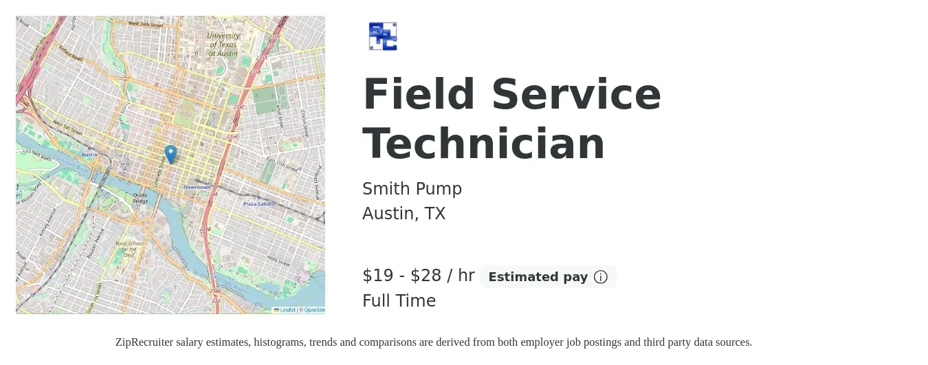 Smith Pump job posting for a Field Service Technician in Austin, TX with a salary of $20 to $30 Hourly with a map of Austin location.