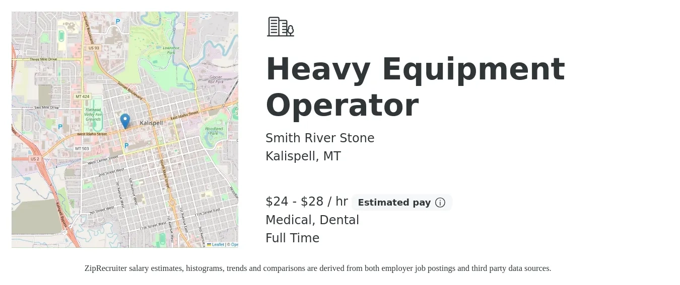 Smith River Stone job posting for a Heavy Equipment Operator in Kalispell, MT with a salary of $25 to $30 Hourly and benefits including dental, life_insurance, and medical with a map of Kalispell location.
