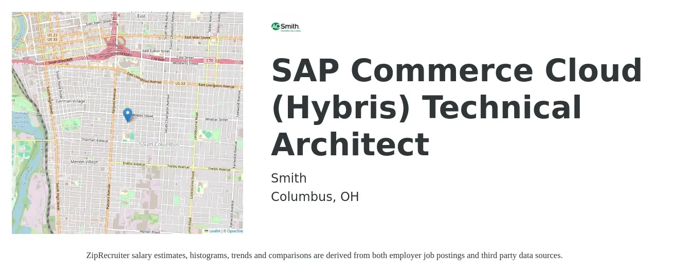 Smith job posting for a SAP Commerce Cloud (Hybris) Technical Architect in Columbus, OH with a salary of $64 to $77 Hourly with a map of Columbus location.