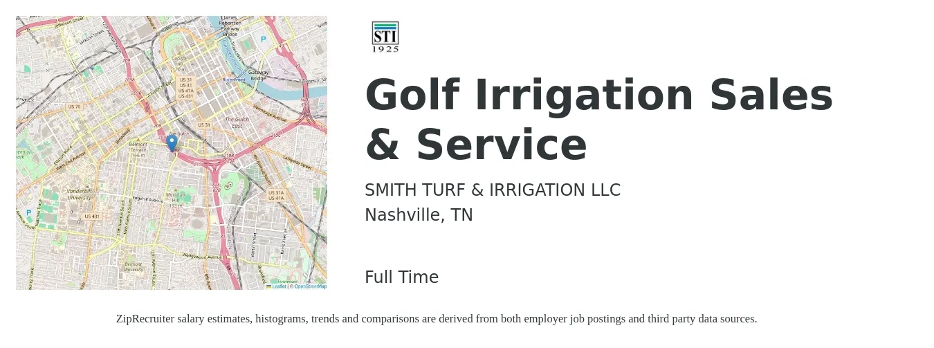 SMITH TURF & IRRIGATION LLC job posting for a Golf Irrigation Sales & Service in Nashville, TN with a salary of $19 to $25 Hourly with a map of Nashville location.