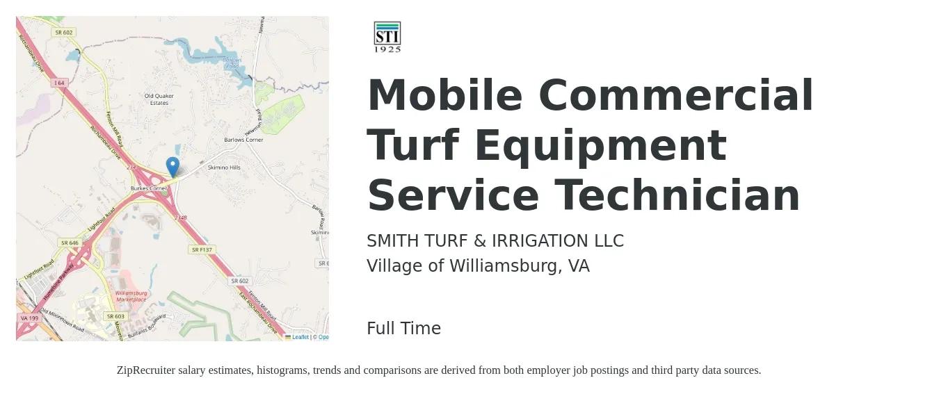 SMITH TURF & IRRIGATION LLC job posting for a Mobile Commercial Turf Equipment Service Technician in Village of Williamsburg, VA with a salary of $18 to $27 Hourly with a map of Village of Williamsburg location.