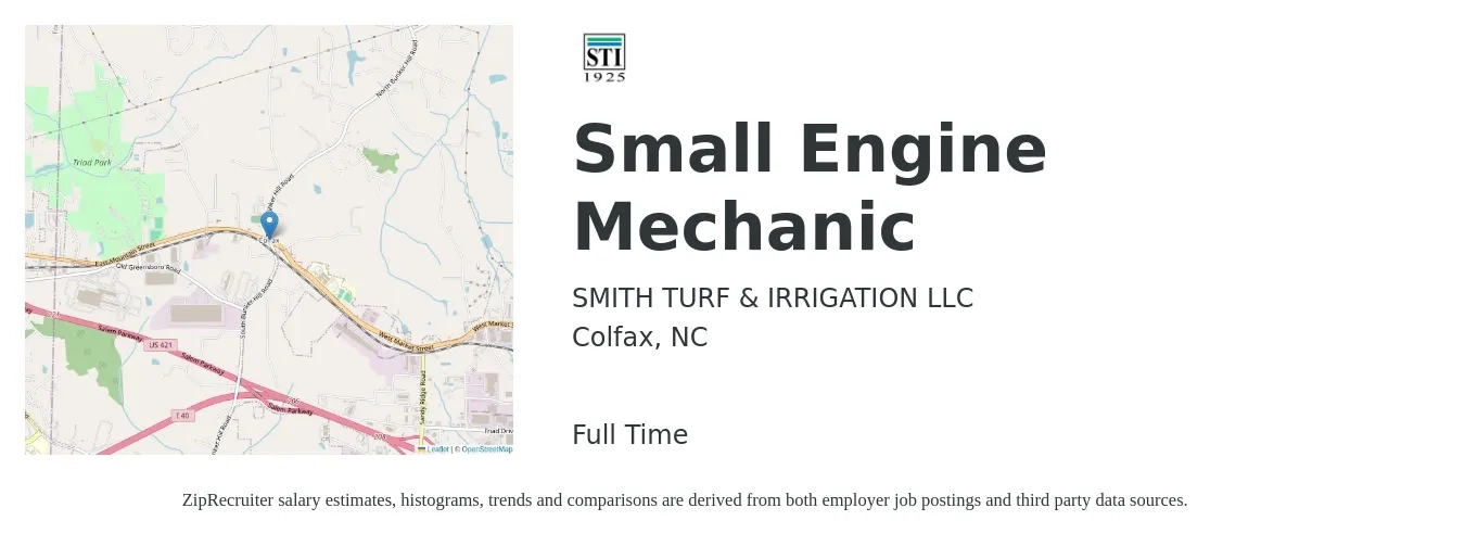 SMITH TURF & IRRIGATION LLC job posting for a Small Engine Mechanic in Colfax, NC with a salary of $16 to $22 Hourly with a map of Colfax location.
