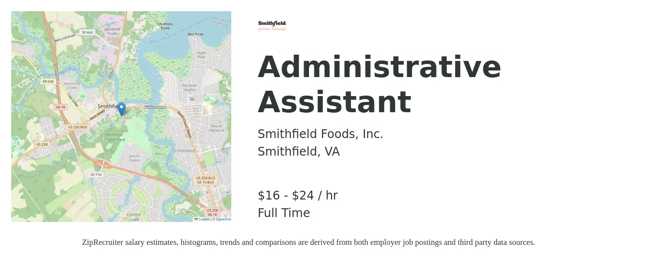 Smithfield Foods, Inc. job posting for a Administrative Assistant in Smithfield, VA with a salary of $17 to $26 Hourly with a map of Smithfield location.