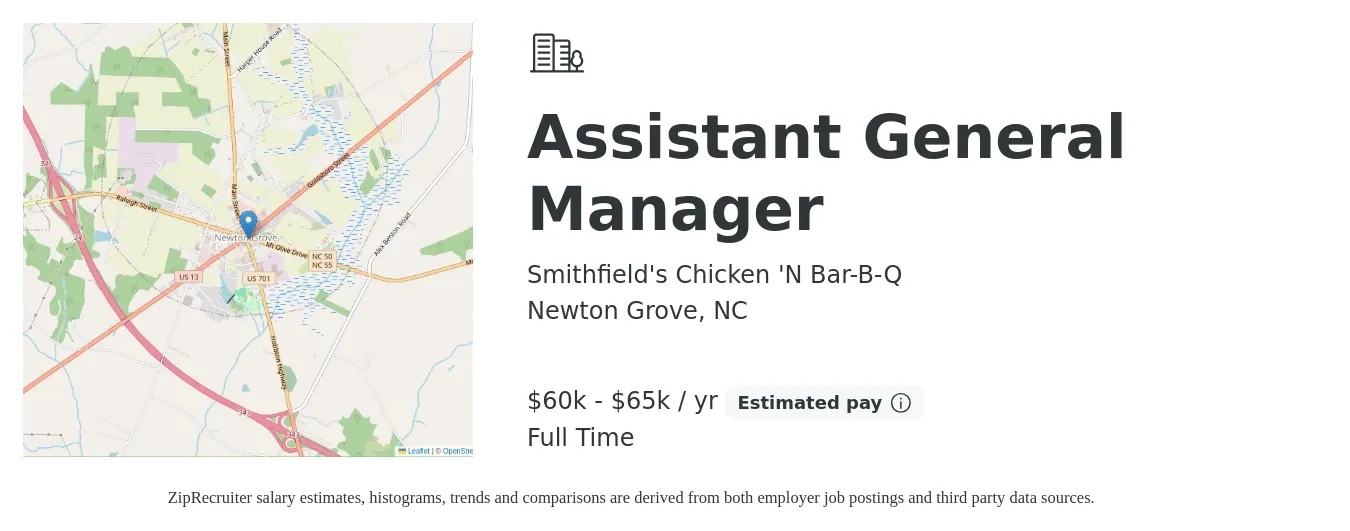 Smithfield's Chicken 'N Bar-B-Q job posting for a Assistant General Manager in Newton Grove, NC with a salary of $55,000 to $65,000 Yearly with a map of Newton Grove location.