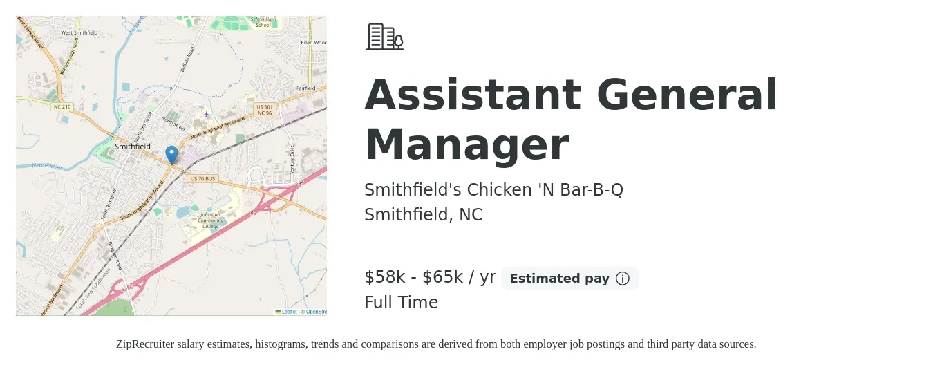 Smithfield's Chicken 'N Bar-B-Q job posting for a Assistant General Manager in Smithfield, NC with a salary of $55,000 to $65,000 Yearly with a map of Smithfield location.