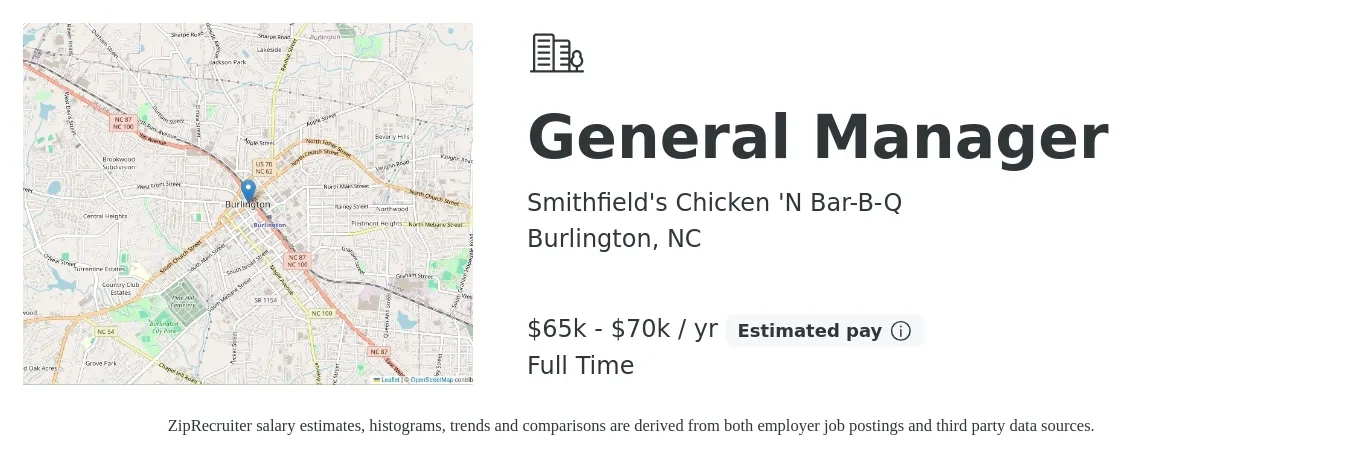 Smithfield's Chicken 'N Bar-B-Q job posting for a General Manager in Burlington, NC with a salary of $65,000 to $70,000 Yearly with a map of Burlington location.