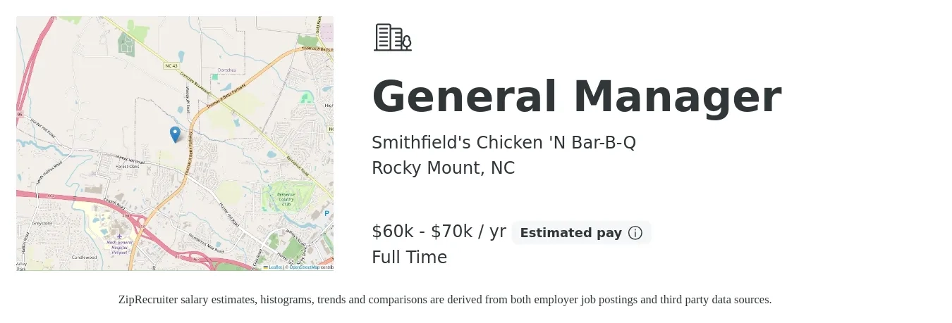 Smithfield's Chicken 'N Bar-B-Q job posting for a General Manager in Rocky Mount, NC with a salary of $60,000 to $70,000 Yearly with a map of Rocky Mount location.