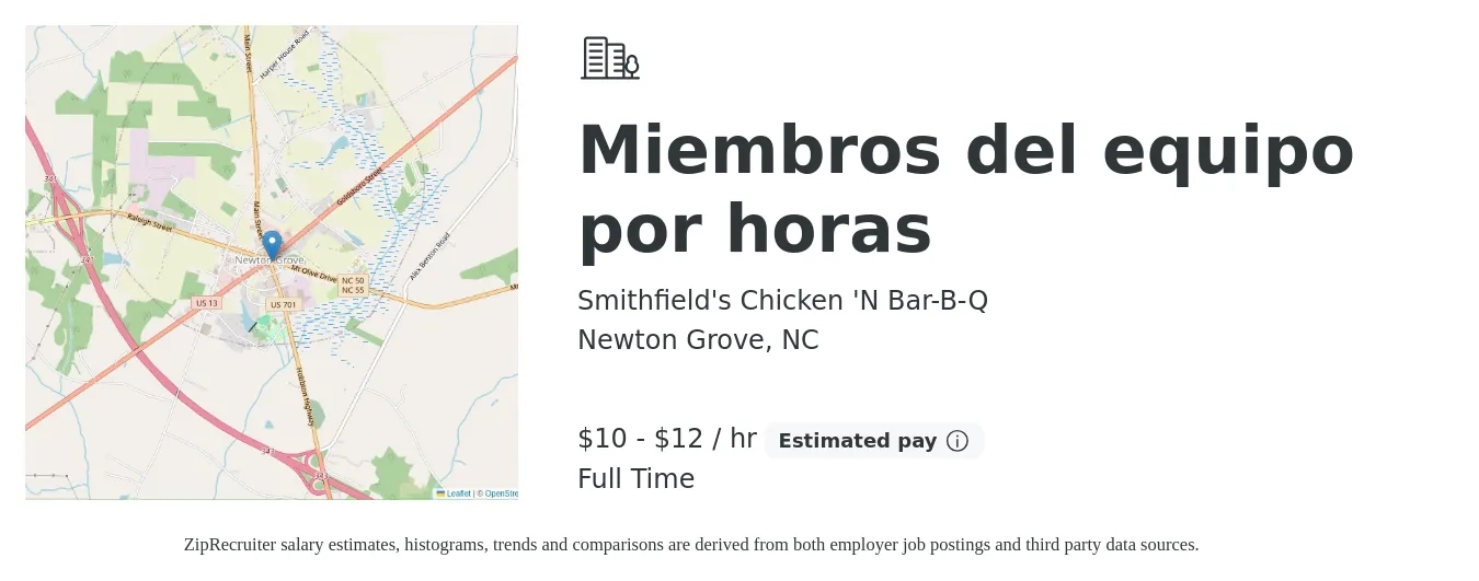 Smithfield's Chicken 'N Bar-B-Q job posting for a Miembros del equipo por horas in Newton Grove, NC with a salary of $11 to $13 Hourly with a map of Newton Grove location.