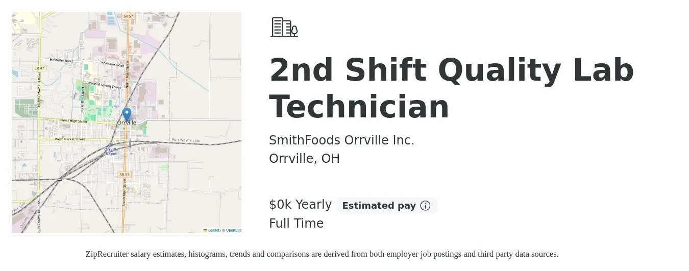 SmithFoods Orrville Inc. job posting for a 2nd Shift Quality Lab Technician in Orrville, OH with a salary of $19 to $21 Yearly with a map of Orrville location.