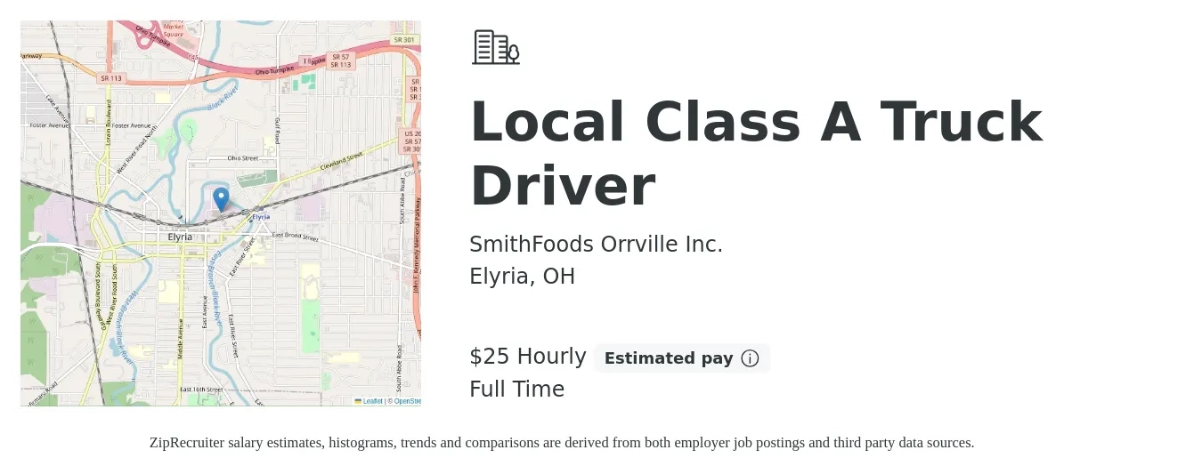 SmithFoods Orrville Inc. job posting for a Local Class A Truck Driver in Elyria, OH with a salary of $27 Hourly with a map of Elyria location.