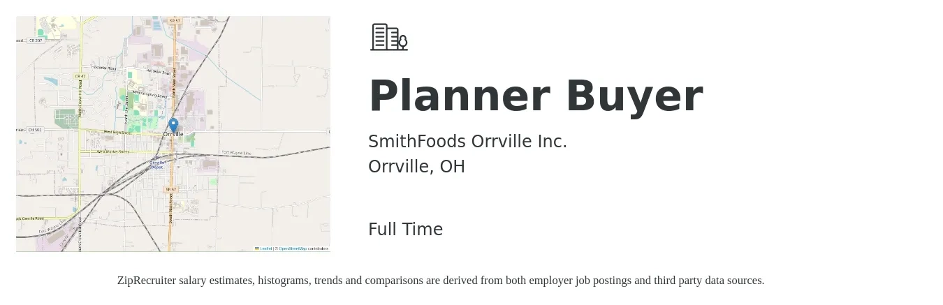 SmithFoods Orrville Inc. job posting for a Planner Buyer in Orrville, OH with a salary of $53,500 to $73,600 Yearly with a map of Orrville location.