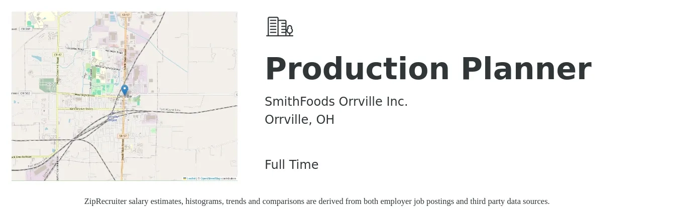 SmithFoods Orrville Inc. job posting for a Production Planner in Orrville, OH with a salary of $24 to $34 Hourly with a map of Orrville location.