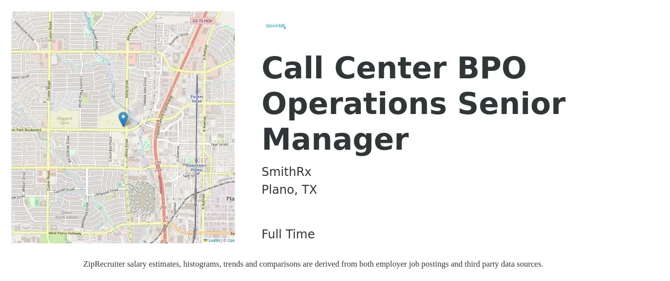 SmithRx job posting for a Call Center BPO Operations Senior Manager in Plano, TX with a salary of $69,900 to $116,300 Yearly with a map of Plano location.