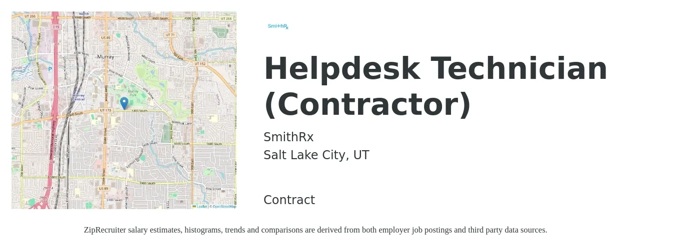 SmithRx job posting for a Helpdesk Technician (Contractor) in Salt Lake City, UT with a salary of $19 to $26 Hourly with a map of Salt Lake City location.