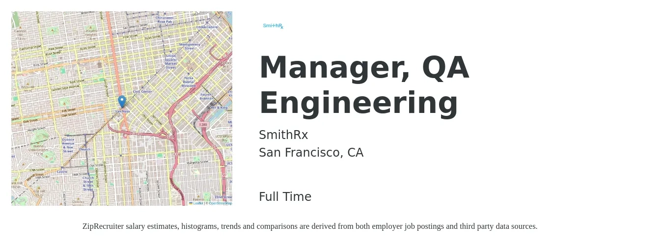 SmithRx job posting for a Manager, QA Engineering in San Francisco, CA with a salary of $97,800 to $170,200 Yearly with a map of San Francisco location.