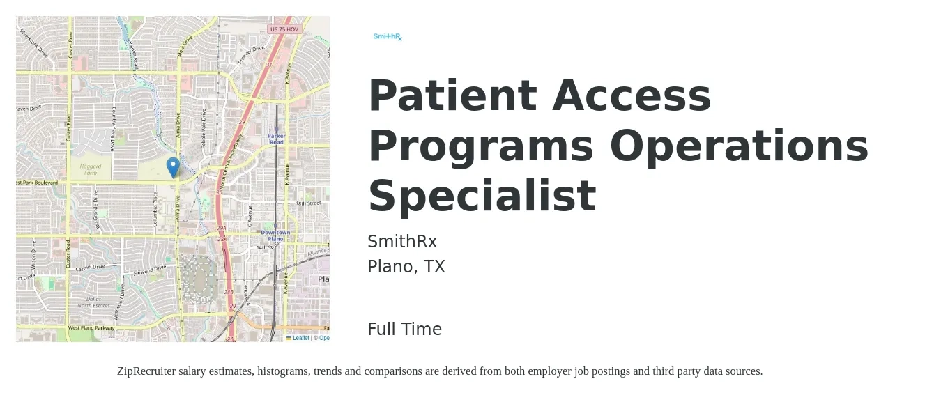 SmithRx job posting for a Patient Access Programs Operations Specialist in Plano, TX with a salary of $16 to $22 Hourly with a map of Plano location.
