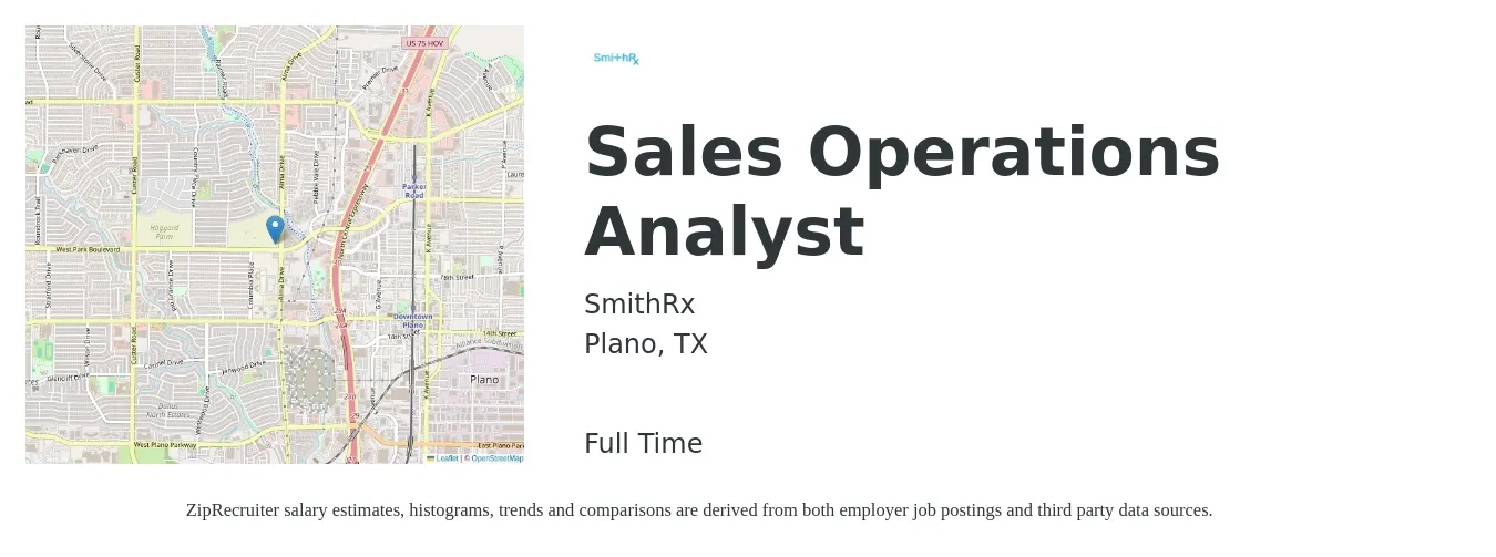SmithRx job posting for a Sales Operations Analyst in Plano, TX with a salary of $28 to $43 Hourly with a map of Plano location.
