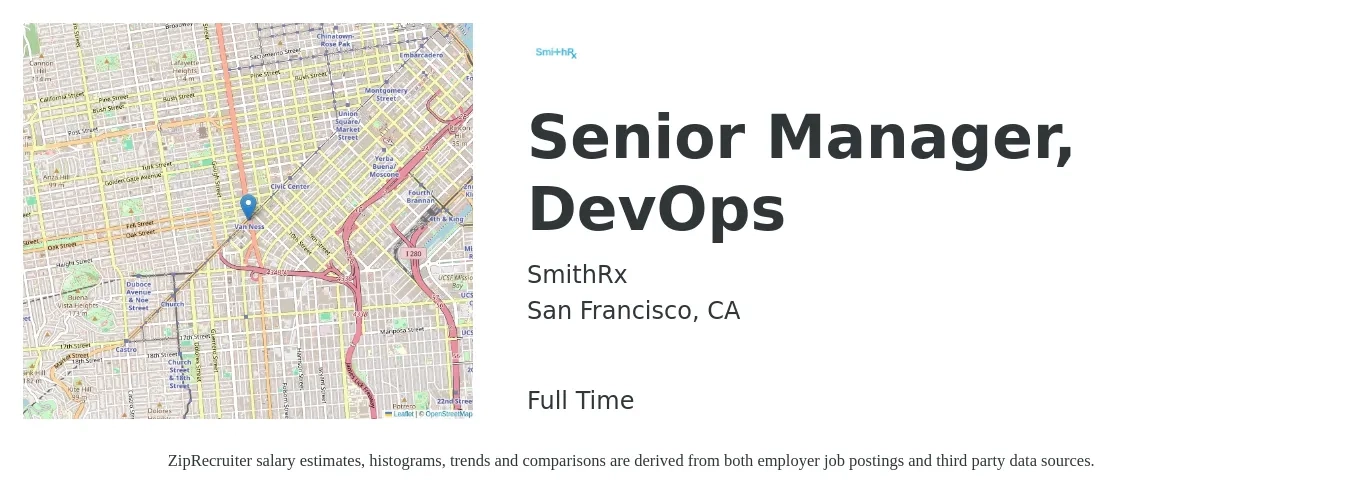 SmithRx job posting for a Senior Manager, DevOps in San Francisco, CA with a salary of $153,200 to $196,800 Yearly with a map of San Francisco location.
