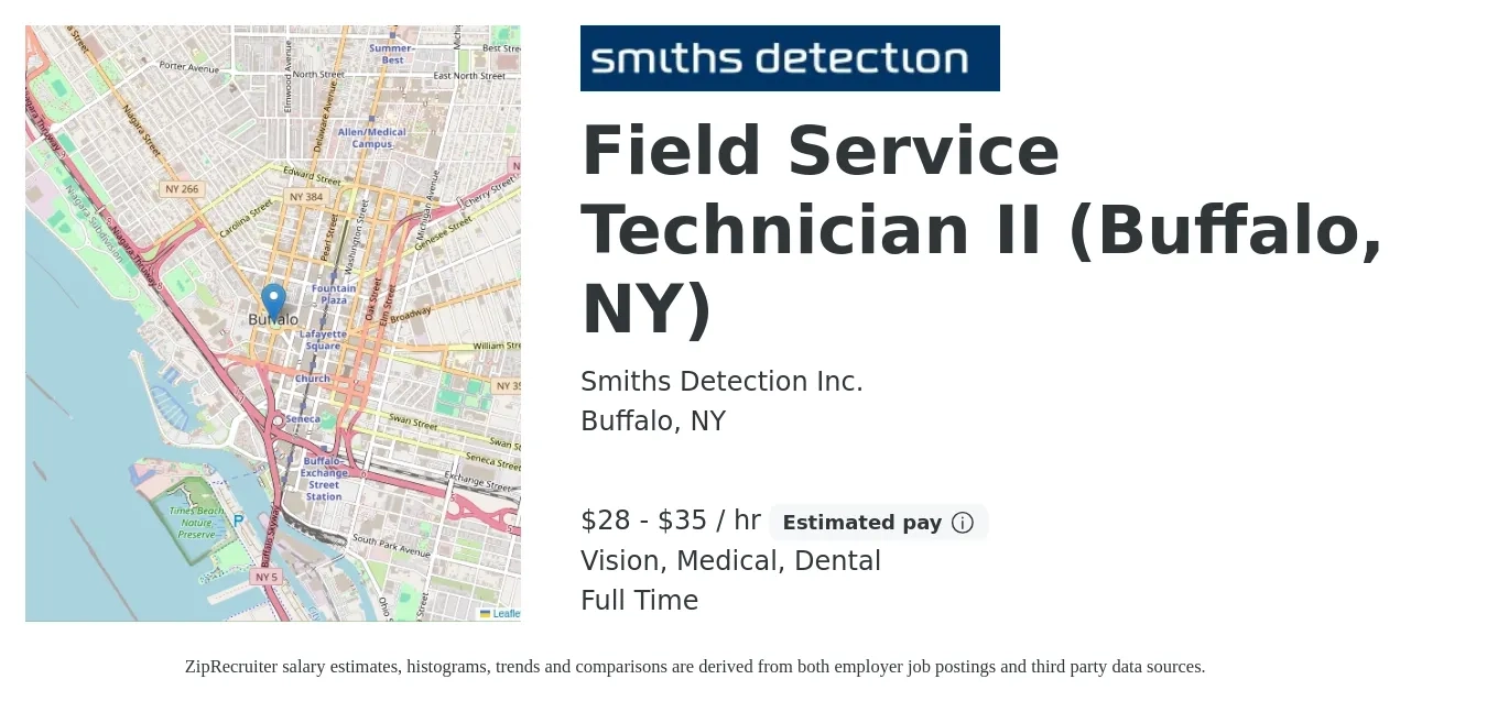 Smiths Detection Inc. job posting for a Field Service Technician II (Buffalo, NY) in Buffalo, NY with a salary of $30 to $37 Hourly and benefits including dental, life_insurance, medical, retirement, and vision with a map of Buffalo location.