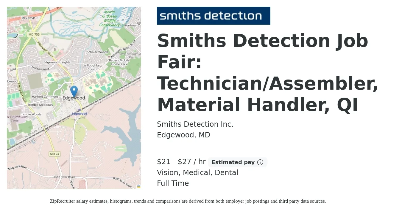 Smiths Detection Inc. job posting for a Smiths Detection Job Fair: Technician/Assembler, Material Handler, QI in Edgewood, MD with a salary of $22 to $29 Hourly and benefits including dental, life_insurance, medical, retirement, and vision with a map of Edgewood location.
