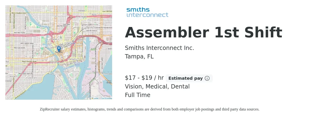 Smiths Interconnect Inc. job posting for a Assembler 1st Shift in Tampa, FL with a salary of $18 to $20 Hourly and benefits including dental, life_insurance, medical, retirement, and vision with a map of Tampa location.