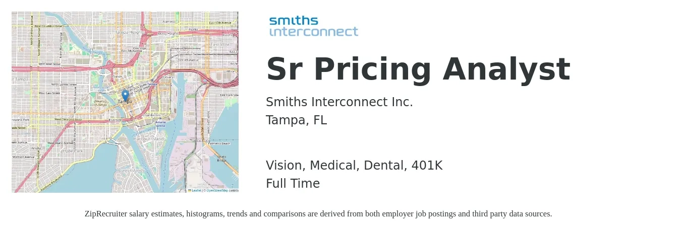 Smiths Interconnect Inc. job posting for a Sr Pricing Analyst in Tampa, FL with a salary of $79,900 to $106,800 Yearly and benefits including 401k, dental, life_insurance, medical, and vision with a map of Tampa location.