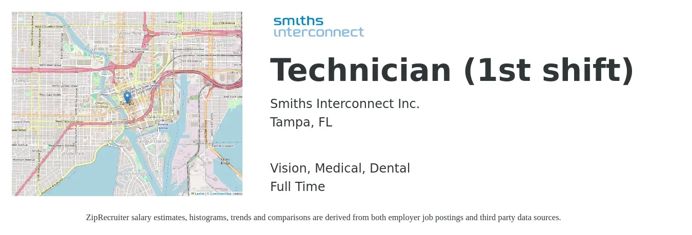 Smiths Interconnect Inc. job posting for a Technician (1st shift) in Tampa, FL with a salary of $43,500 to $66,200 Yearly and benefits including retirement, vision, dental, life_insurance, medical, and pto with a map of Tampa location.
