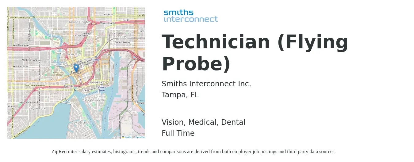 Smiths Interconnect Inc. job posting for a Technician (Flying Probe) in Tampa, FL with a salary of $17 to $24 Hourly and benefits including vision, dental, life_insurance, medical, pto, and retirement with a map of Tampa location.