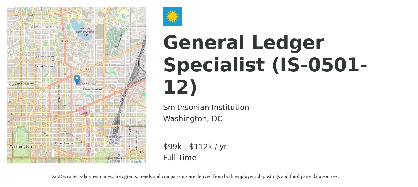 Smithsonian Institution job posting for a General Ledger Specialist (IS-0501-12) in Washington, DC with a salary of $61,200 to $106,500 Yearly with a map of Washington location.