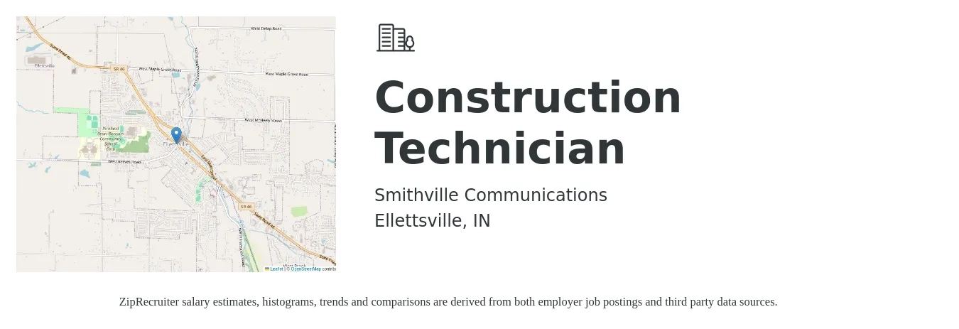 Smithville Communications job posting for a Construction Technician in Ellettsville, IN with a salary of $15 to $21 Hourly with a map of Ellettsville location.