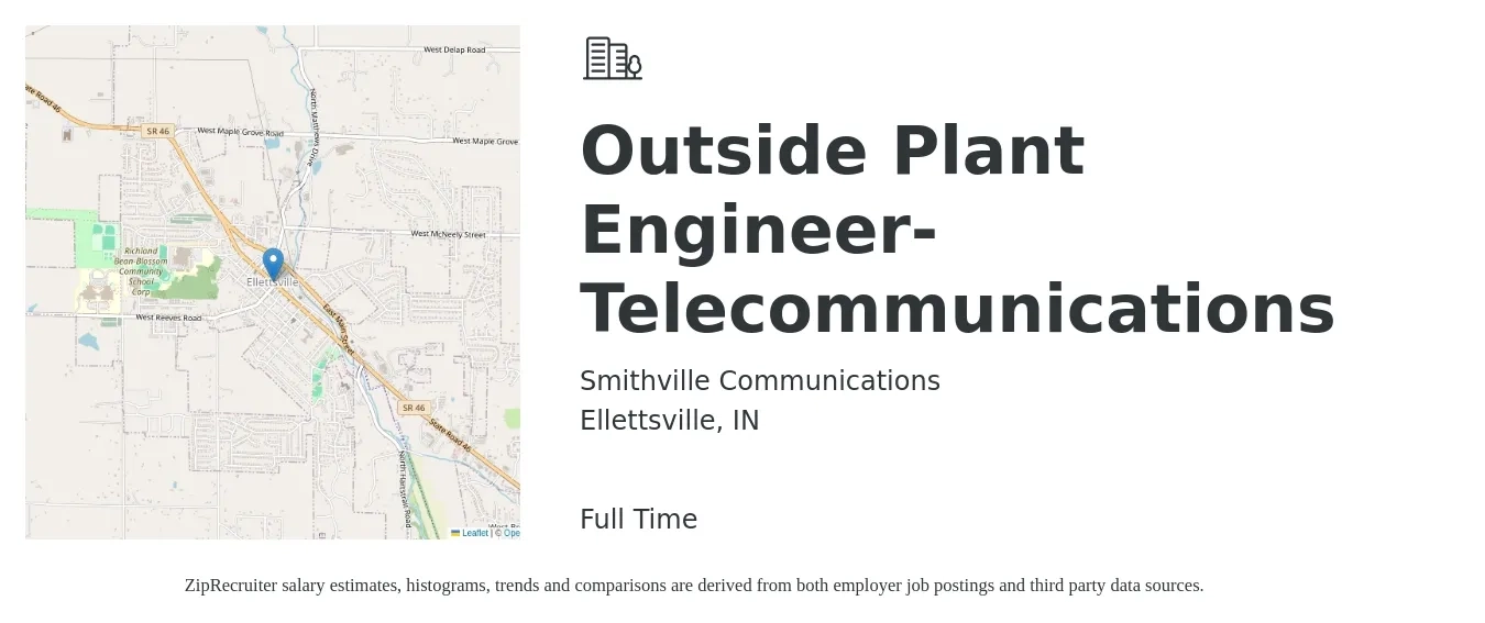 Smithville Communications job posting for a Outside Plant Engineer- Telecommunications in Ellettsville, IN with a salary of $55,900 to $84,500 Yearly with a map of Ellettsville location.