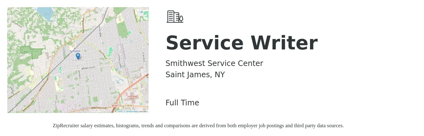 Smithwest Service Center job posting for a Service Writer in Saint James, NY with a salary of $47,000 Monthly with a map of Saint James location.