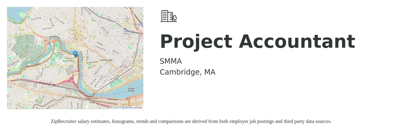 SMMA job posting for a Project Accountant in Cambridge, MA with a salary of $67,200 to $88,100 Yearly with a map of Cambridge location.