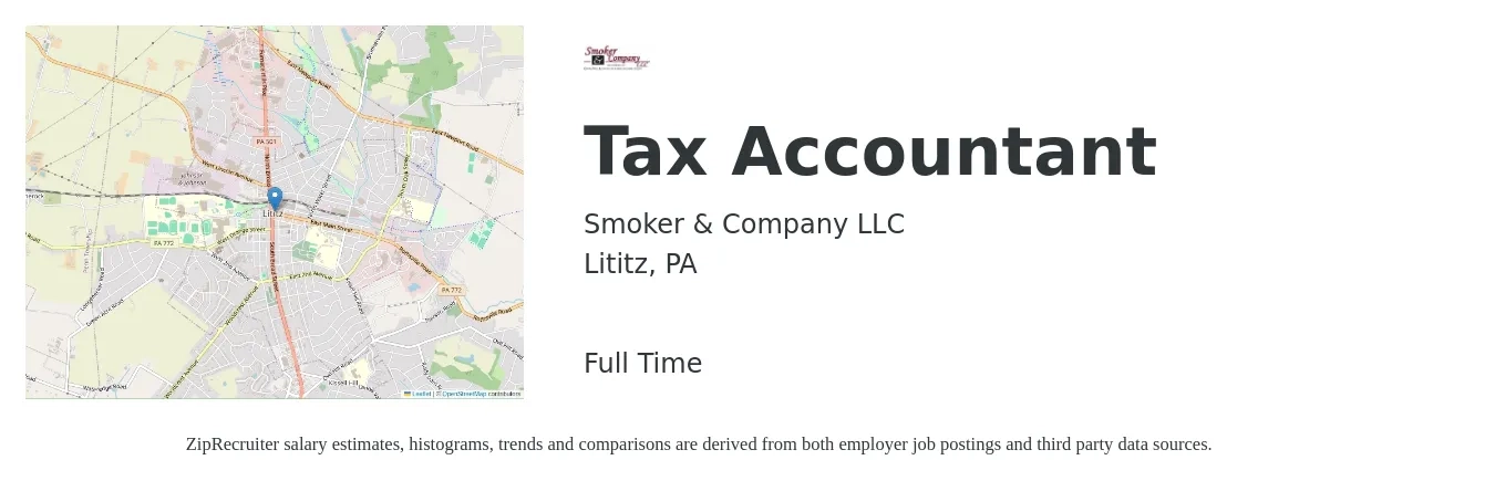 Smoker & Company LLC job posting for a Tax Accountant in Lititz, PA with a salary of $60,700 to $87,100 Yearly with a map of Lititz location.