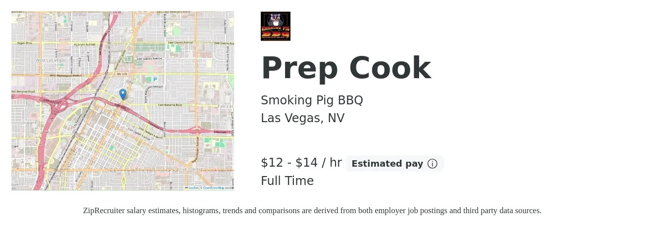 Smoking Pig BBQ job posting for a Prep Cook in Las Vegas, NV with a salary of $13 to $15 Hourly with a map of Las Vegas location.