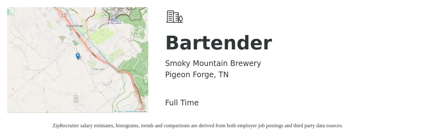 Smoky Mountain Brewery job posting for a Bartender in Pigeon Forge, TN with a salary of $9 to $17 Hourly with a map of Pigeon Forge location.