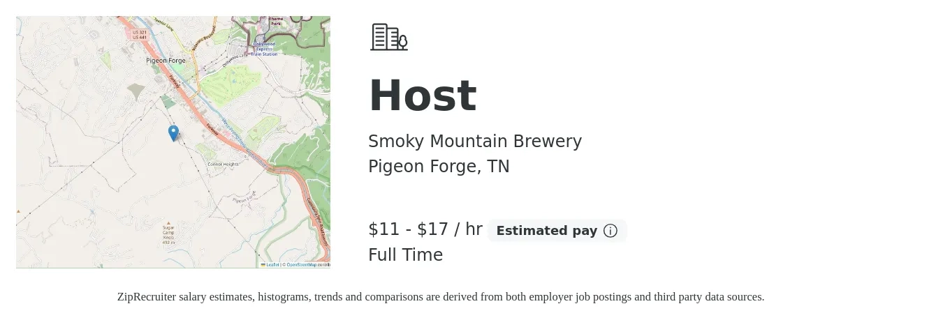 Smoky Mountain Brewery job posting for a Host in Pigeon Forge, TN with a salary of $11 to $16 Hourly with a map of Pigeon Forge location.