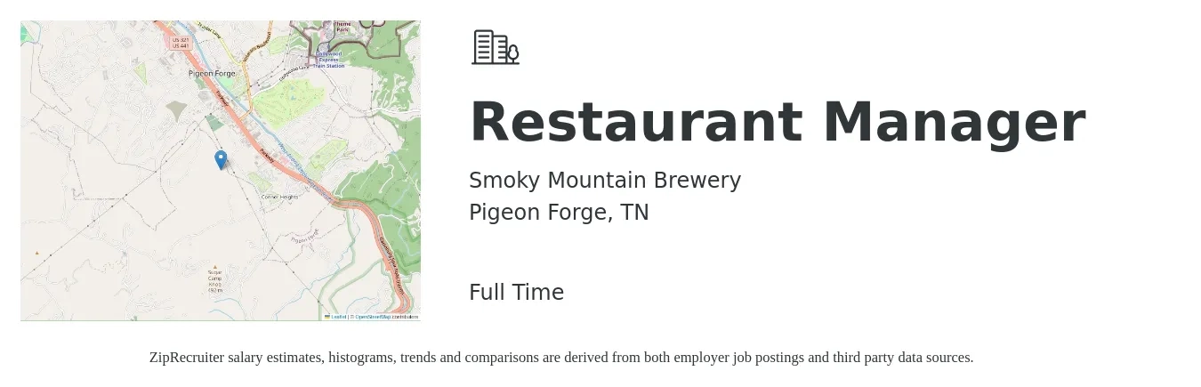 Smoky Mountain Brewery job posting for a Restaurant Manager in Pigeon Forge, TN with a salary of $41,700 to $58,800 Yearly with a map of Pigeon Forge location.