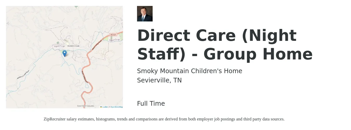 Smoky Mountain Children's Home job posting for a Direct Care (Night Staff) - Group Home in Sevierville, TN with a salary of $25,000 to $28,600 Yearly with a map of Sevierville location.
