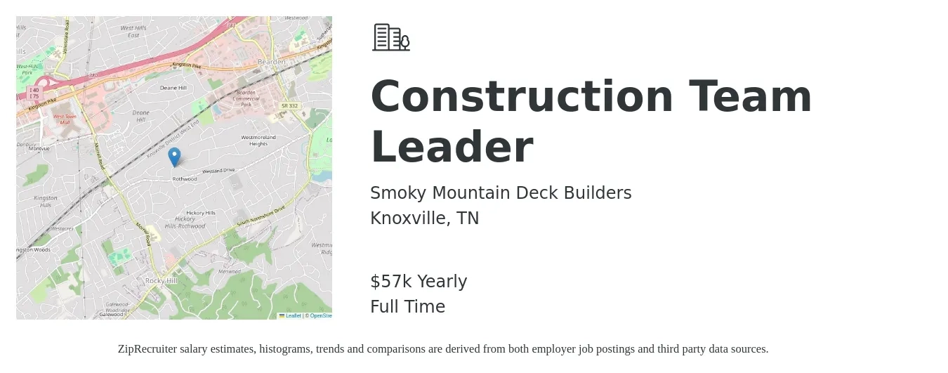 Smoky Mountain Deck Builders job posting for a Construction Team Leader in Knoxville, TN with a salary of $67,800 to $110,200 Yearly with a map of Knoxville location.