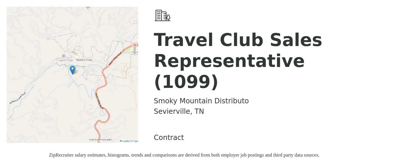 Smoky Mountain Distributo job posting for a Travel Club Sales Representative (1099) in Sevierville, TN with a salary of $46,800 to $81,300 Yearly with a map of Sevierville location.